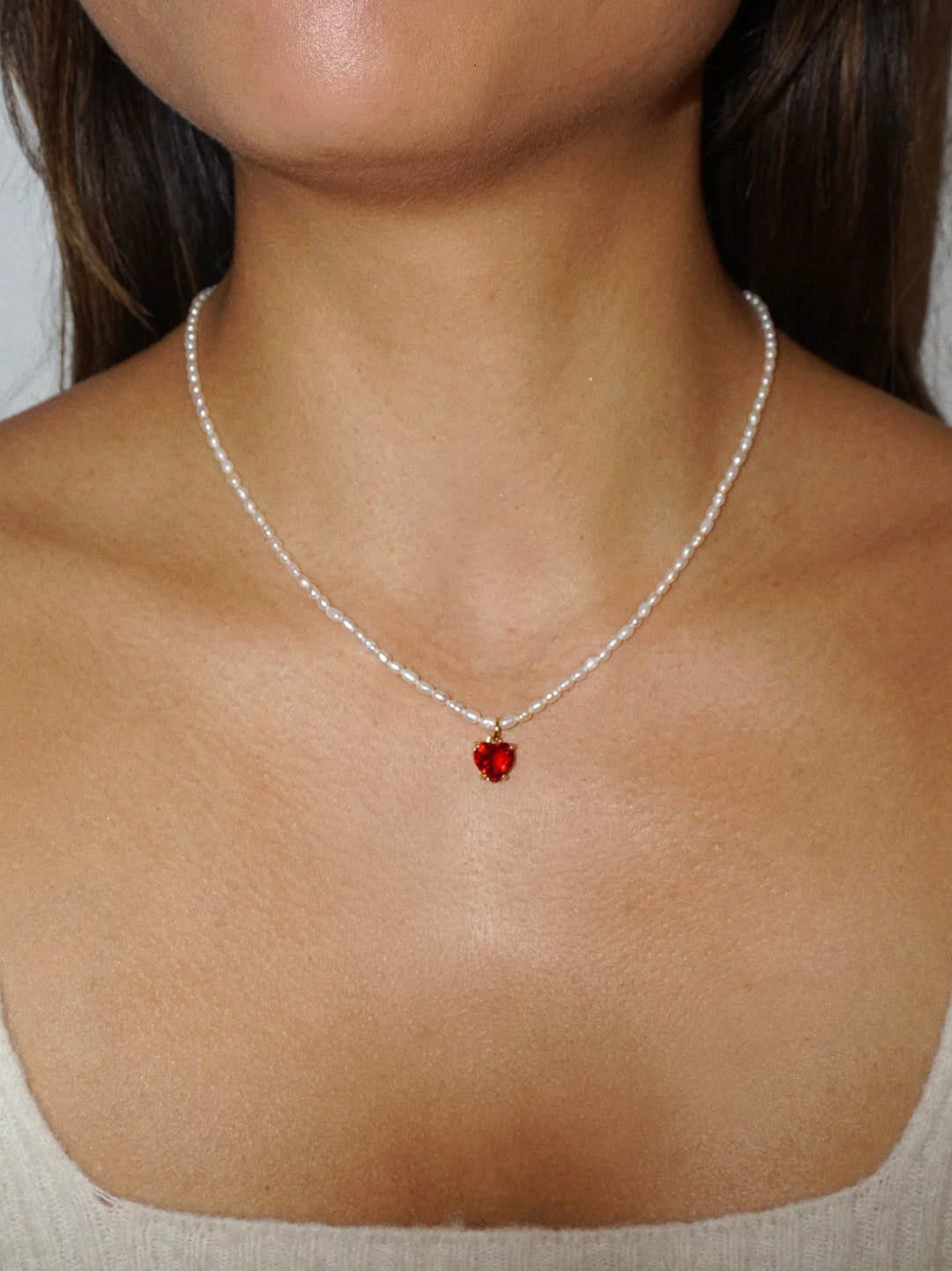 Crystal Heart Pendant Ribbon Necklace - Pearl